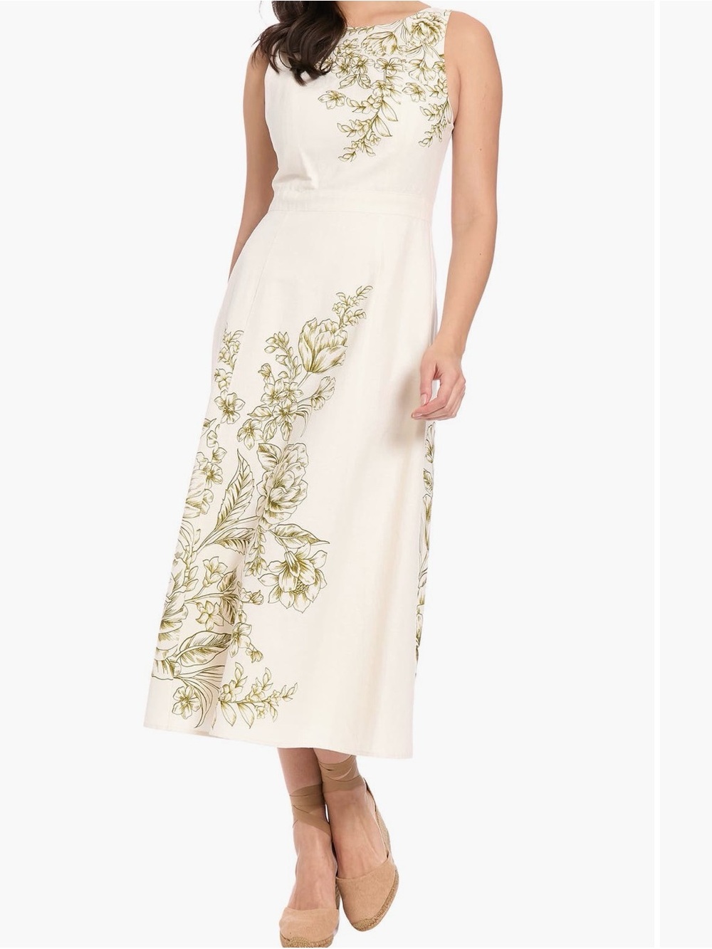 London Times Cream Floral Midi Dress with Olive Sketch Print Linen blend